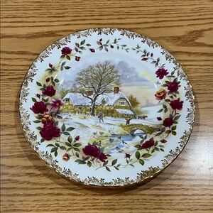 Royal Albert Winter Scene Plate with Burgundy and Gold